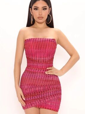 Fashion Nova All The Right Curves Mesh Skirt Set Pink Orange Ruched Tube Top XS